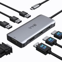 USB C 도킹 스테이션 듀얼 모니터 4중 디스플레이 도킹 스테이션 USB Type-C 허브 멀티포트 어댑터 USB-C 동글 노트북 도킹 스테이션(DP/DisplayPort+듀얼 HDMI+VGA+3USB 2.0 포함 Dell/HP/Lenovo용) -13915, 7 IN 1 USB C 허브