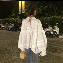 무비 프릴넥 백 리본 플리츠 소매 오버핏 A라인 블라우스 2COLOR TS019