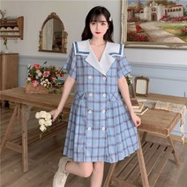 플리츠 원피스 빅사이즈 블러킹 마린넥 여성 뚱뚱한 여름 학원 무드 간지나는 셋업 2513296775