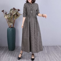 여성 린넨 원피스 빅사이즈 a라인 체크 오버핏 캐주얼 여자 봄 가을 긴팔 롱원피스 linen dress women JX0225