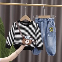 남자 아동 봄 긴팔 줄무늬 곰 티셔츠 청바지 세트 트렌드 캐주얼 등하원 어린이 의류