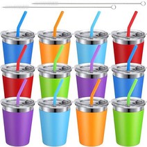 12pcs 유아 빨대 컵 빨대와 뚜껑이 있는 키즈 컵 12oz 스테인리스 스틸 깨지지 않는 스무디 컵 실리콘 슬리브 음용 키즈 텀블러가 있는 어린이를 위한 재사용 가능한 핫 초콜릿