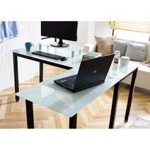 디자인 오피스용 컬러 강화유리스틸 L자책상(2색) 고학년 1인 대표실 좋은, 프레임블랙_유리흰색