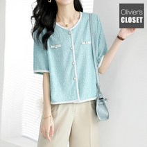 올리비에스클로젯 배색라인 트위드 반팔 블라우스 O2304BL066B