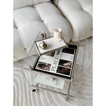 아크릴 사이드 테이블 트롤리 보관 캐비닛 중고 거실 모바일 커피 하우스 침대 옆 테이블 인터넷 연예인 투명, 투명 색상 + 검정색 수납판 + 바퀴