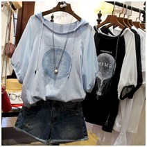 여자 후드 티 반팔 티셔츠 루즈한 열풍 풍선 다이아몬드 박힌 여름