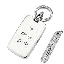 키에티 랜드로버 재규어 실버라인 스마트 차 키케이스 키홀더 + 분실방지 큐빅 전화번호판, 랜드로버 B타입, 화이트