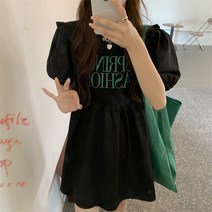 나루니 W05206 버블소매 반팔원피스 화이트 블랙 레터링 여름원피스