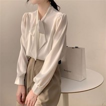 리본 블라우스 타이 스카프 여성 블루 싱글 쉬폰 셔츠 화이트