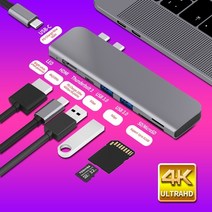맥북허브 맥북독 아이맥 아이패드 호환 usb 멀티포트 3.1 type-c 허브-hdmi 어댑터 4k Thunderbolt 3 c 허브허브 포함 3.0 tf sd 리더 슬롯 pd, 7-in-1 다크 그레이