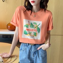 40수 면 레몬 녹차 프린트 반팔 티셔츠 여 여름 라운드 루즈핏코튼 톱