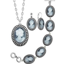 Oval Lady Queen Cameo Jewelry Set Antique Silver Plated Necklace Earrings Bracelet Fashion TS419