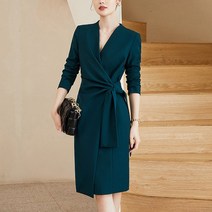 Amaethon 여성 하객 정장 오피스룩 브이넥 미디 원피스