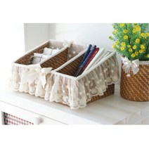 라탄 3칸 레이스 문구 소품 바구니 바스켓 라탄정리정돈 라탄정리함