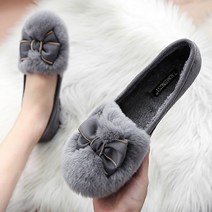 도오빠 미베라 여성 털 단화 기모 로퍼 2CM 빅사이즈 가죽 플랫 로우힐 리본 모카신 여자로퍼 그레이