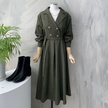 [신상무배]헨느 더블 단추 오픈 카라 벨트 세트 플레어 원피스
