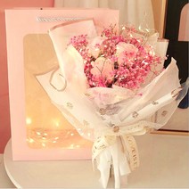 아르띠콜로 안개꽃 드라이 플라워 비누 꽃다발 + LED 램프 + 투명 쇼핑백, 레드