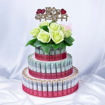 돈케이크 만들기 지폐80장용 4단세트, 환갑을 축하드립니다(고급 펠트), 비누장미(혼합 A세트)+리본A세트(핑크+레드), 케이스선택