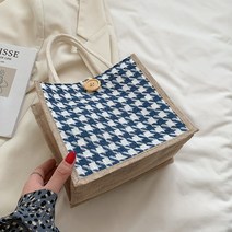 체커보드 린넨 백 여름 체크무늬 가방 토트백, 블루