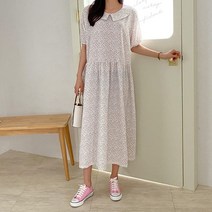 코지 여자 페미닌 발랄한 프릴넥 플로랄 셔링 롱원피스