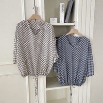 봄 여름 50대 미시 엄마옷 데일리 에스닉 패턴 밑단 스트링 브이넥 7부 루즈핏 블라우스