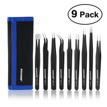 산업용 집게 공업용 집게 PIXNOR 9pcs 프리미엄 정전기 방지 ESD 스테인레스 스틸 족집게 세트 전자/보석, 01 Black