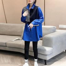 블루실키스트라이프롱셔츠 여성 루즈핏남방 화이트 롱블라우스 오버핏포켓
