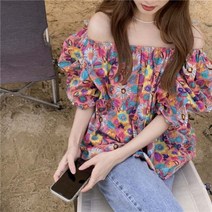 화이트 블랙 셔츠 레이스 오프숄더 블라우스 WTEMOPO 빈티지 플라워 사선 반팔 여름 프랑스식 판 패션 프린트 퍼프 소매 상의