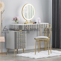 아우스 VEL 북유럽 대리석 화장대세트 벨벳 골드프레임 서랍형 LED조명 거울 리본의자 포함, 그레이 중형 100cm (LED거울+리본의자 포함)