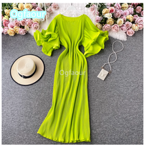 Ogfaour 초선 프릴 빅 플레어 슬리브 플리츠 원피스 드레이프 기품 롱스커트 A23080818