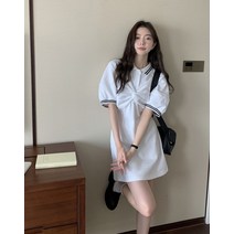 BANHANY 디프 슬림 핀턱 꼬임 셔링 배색 단추 카라 PK 미니 원피스 22060305