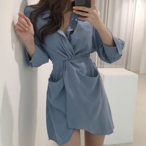 [랜덤플레이] 오픈카라 언발꼬임 웨딩 게스트룩 셔츠 원피스