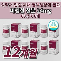 생리 철분제 철 결핍 결핍성 철분 부족 증상 어지럼증 에좋은 많은 음식 식약처인증 유아 어린이 청소년 임신 임산부 산모 출산후 여성 남성 비헴철 철분 24mg 철분제 영양제 60정, 6개