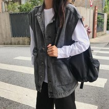여성 블랙 데님 루즈 오버핏 베스트 진 조끼 L3l 청 여자 쪼끼 캐주얼 코디