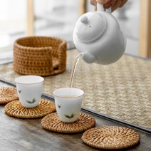 (천연등나무 라탄 소재) 친환경 라탄 핸드메이드 컵받침홀더 6개세트 / 우드 티코스터세트, 10cm 6개 세트