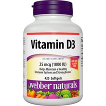 유기농비타민d 액상 임산부 어린이비타민d Webber Naturals 비타민 D3 소프트젤 1000IU 425개 뼈와 치아의 발달 Non GMO 글루텐 프리, 단일수량, 단일개당 용량/중량/정