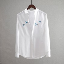 Ogfaour린넨셔츠 새 자수 프린팅 그림 봄여름시즌 턴다운카라 셔츠 남자얇은스타일 루즈핏 캐주얼 린넨