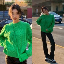 꽃무늬니트 셀럽 yi menglin동일타입 그린색 라운드카라 꽈배기무늬 요가볼 스웨터 루즈핏 코디가잘되는 니트셔츠 여성상의