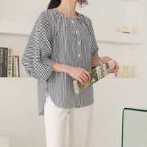 하늘바라기 여성용 시어서커 줄지 퍼프 블라우스