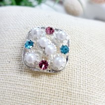 B-0117 20*20mm 사각 진주보석단추, 핑크아쿠아 사각 은도금