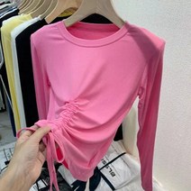 이신 신상핫 리얼 샷 # 여성 기본 셔츠 2021 가을 겨울 새로운 서양식 디자인 Drawstring 짧은 탑 긴 소매 티셔츠 유행