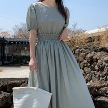 [바보사랑] 여성 밴딩 플레어 반팔 롱 원피스 드레스