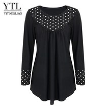 YITONGLIAN WOMEN 2021 새로운 레트로 폴카 도트 라운드 넥 롱 슬리브 블랙 블라우스 플러스 사이즈 캐주얼 루즈 튜닉 탑스 H422