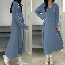 쉬즈미 OPS-843 오픈 브이넥 카라 무지 긴팔 롱원피스 가을 폴리 홈웨어 마트룩