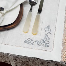 웨딩포 헴스티치 리넨 냅킨 화이트 스캘럽 문양 자수 46 X 46 Hemstitch Linen Napkin with Scallop Embroidered, 1매