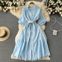 캉캉 원피스 스커트 브이넥 퍼프소매 루즈핏 자수 닫기 허리 프릴 드레스 여성