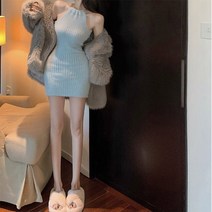 코지 여자 홀터넥끈 소프트 골지 니트 미니원피스