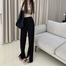 바지 여성 가을과 겨울 하이 웨이스트 슬리밍 다목적 드레이프 레트로 스트레이트 와이드 레그 바지 두꺼운 분할 걸레 캐주얼 팬
