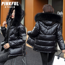 PINKFUL 겨울 스타일 기모 도톰한 퍼 칼라 후드 유광 패딩 면옷