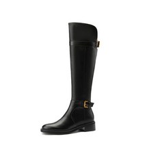 승마부츠 승마용품 남성 여성 승마화2021 진짜 가죽 메드 힐 니 하이 버클 두꺼운 힐 롱 지퍼 숙녀 신발 브라운 빅 사이즈, 검은색, 35